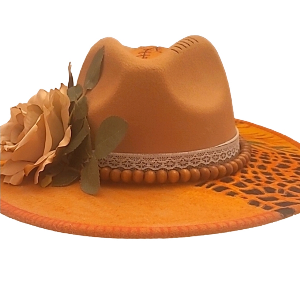 Hand Crafted Beige Orange Floral Bolero Hat Burned Outlines  Feathers Flowers - Picture 2 of 15